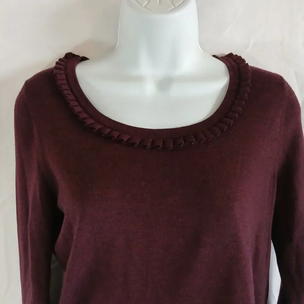 Talbots Sweater Wool Maroon  Ruffle Round Neck Wool Sz Ps Career Academia Preppy